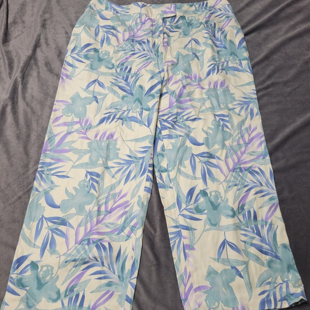August Silk Pants‎ Womens Size Extra Large White Spring Leaf Print Beach Summer